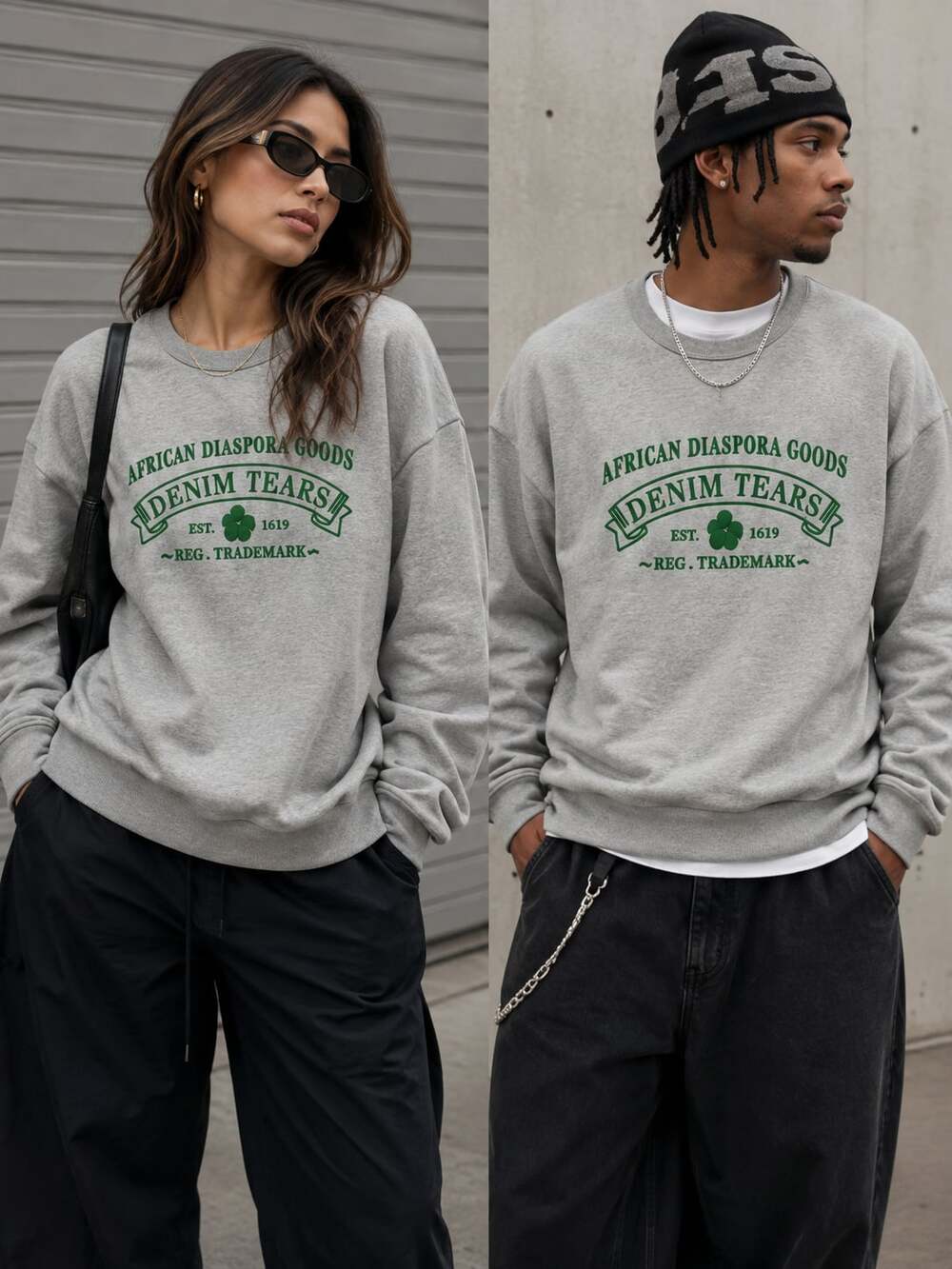 Denim Tears African Diaspora Goods Gray Crewneck Sweatshirt Green Logo XL USA